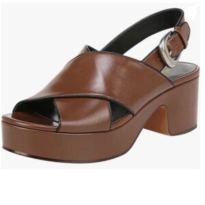 Wansseny Saddle Brown Criss Cross Band Open Toe Platform Sandals Block Heel Shoe